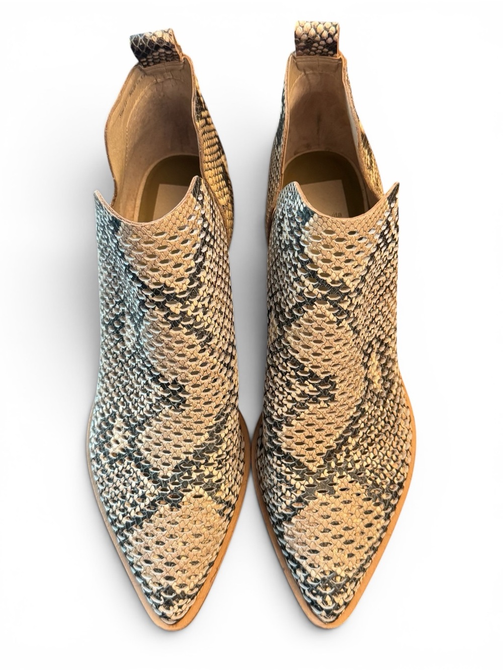 Dolce Vita Beige and Black Snake-Print Woven Pointed Ankle Booties